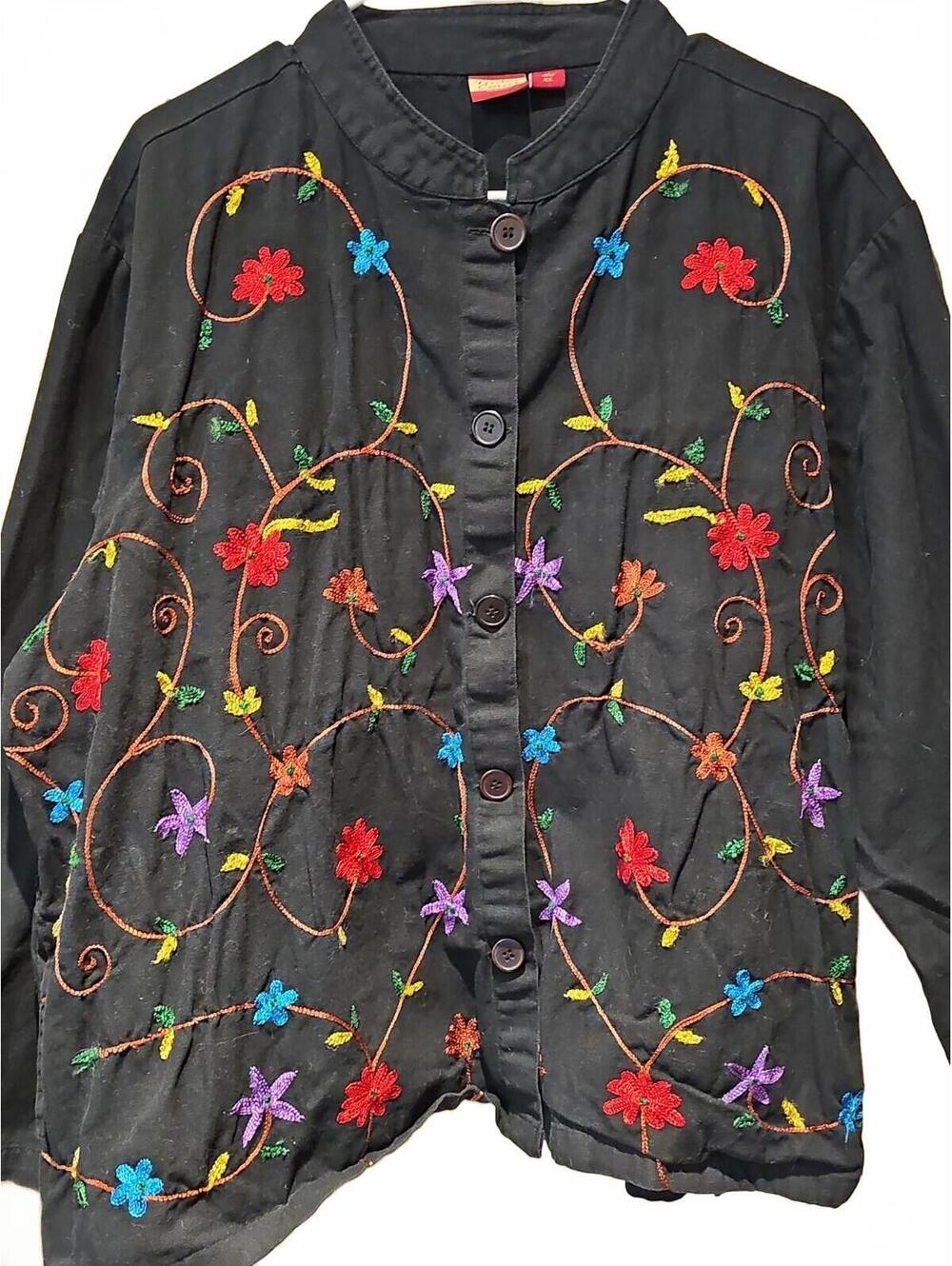Tudor Court by Haband 2X jacket black denim colorful floral embroidery Pockets